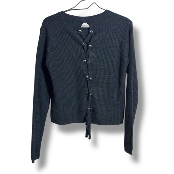 Ambiance Apparel Black Cable Knit Crewneck Long Sleeve Lace Up Back Sweater - Picture 12 of 15